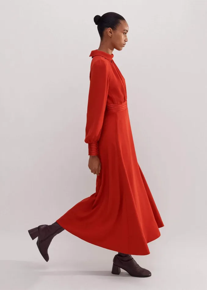 Women Crepe Ladder Trim Maxi Dress Bitter Orange MEEM