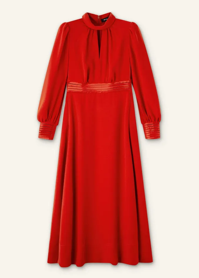 Women Crepe Ladder Trim Maxi Dress Bitter Orange MEEM