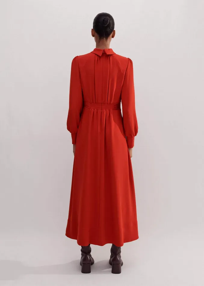 Women Crepe Ladder Trim Maxi Dress Bitter Orange MEEM