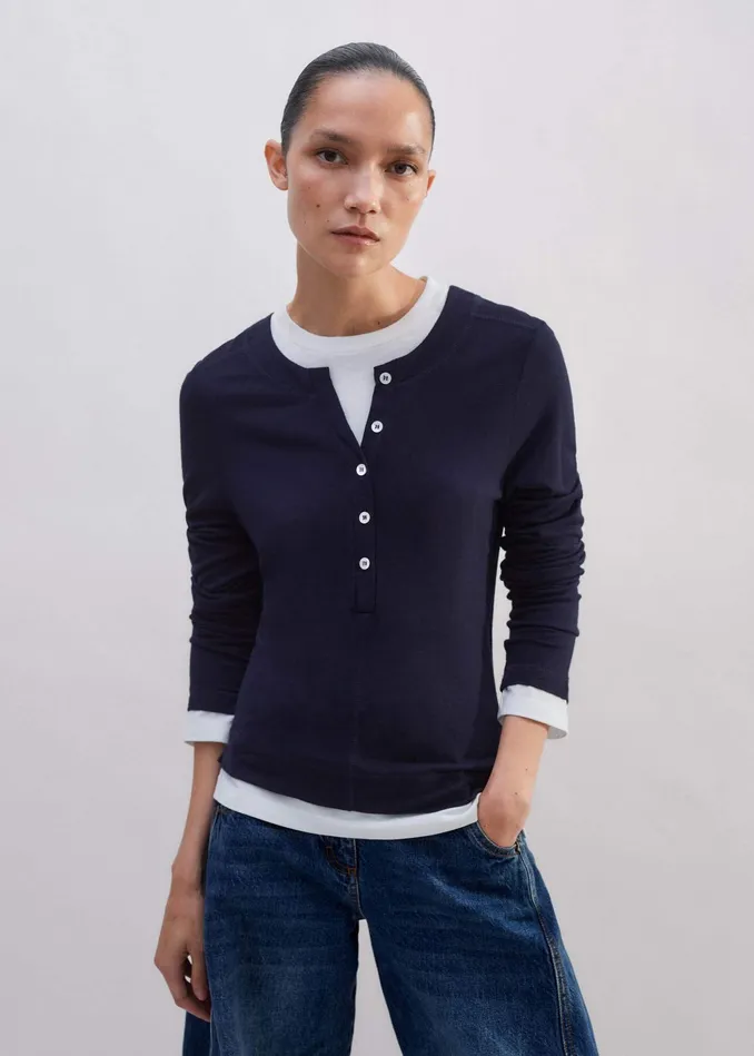 Women DoubleLayer Look Long Sleeve Top Navywhite MEEM