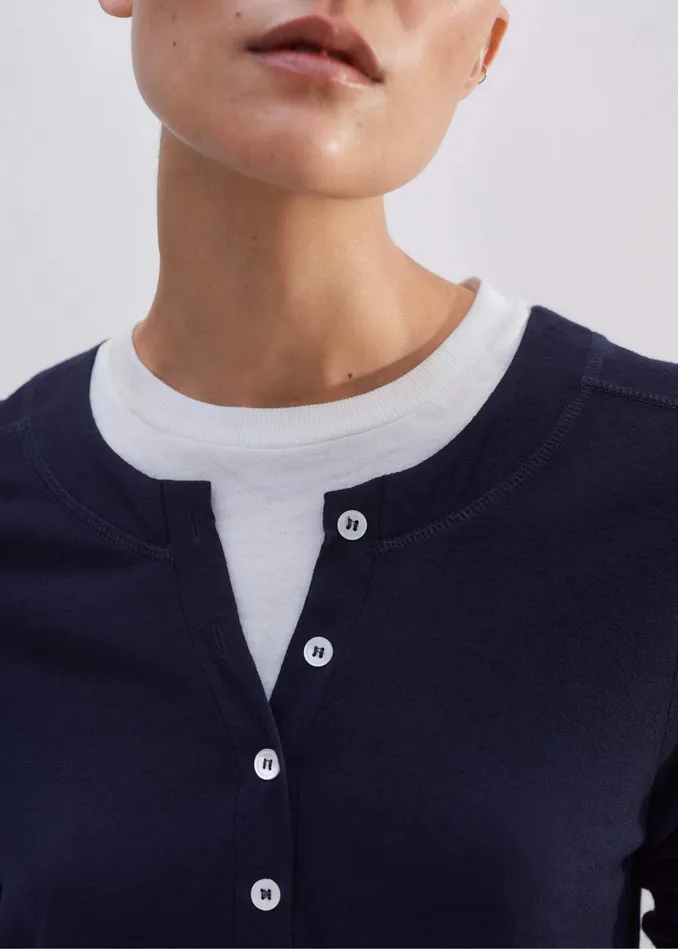 Women DoubleLayer Look Long Sleeve Top Navywhite MEEM