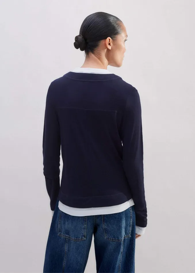 Women DoubleLayer Look Long Sleeve Top Navywhite MEEM