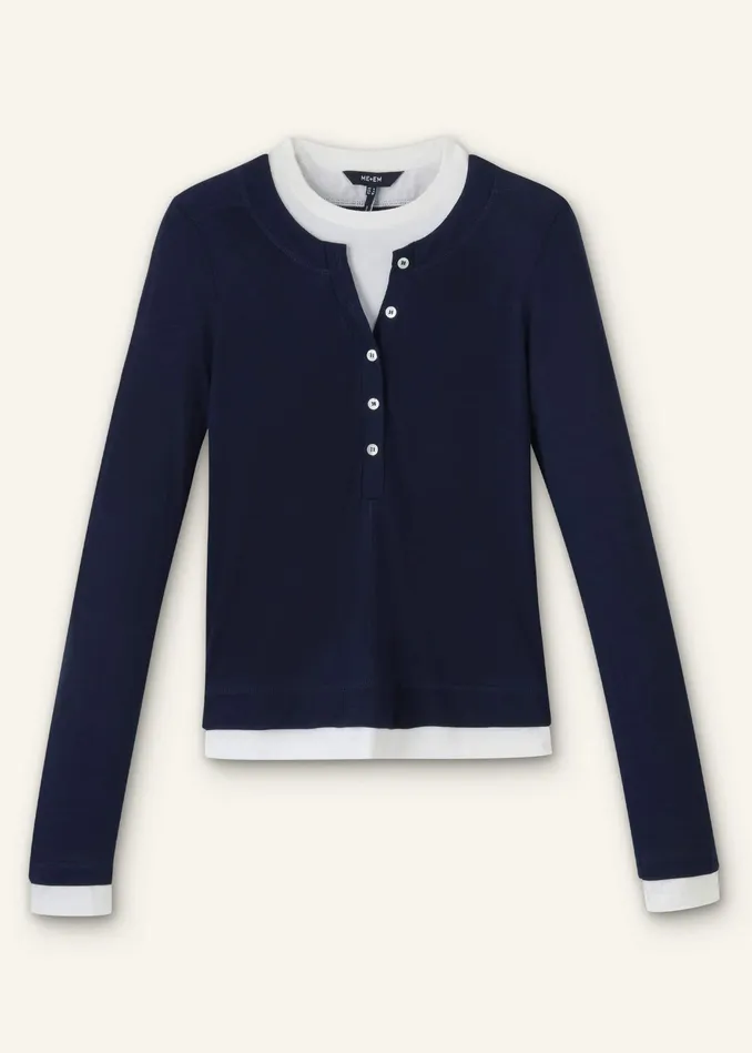 Women DoubleLayer Look Long Sleeve Top Navywhite MEEM
