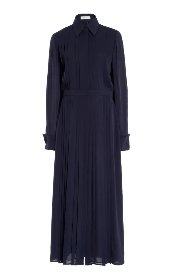Women Dresses Gabriela Hearst Delphine Corrugated Shirtdress In Dark Navy Silk Georgette Twill