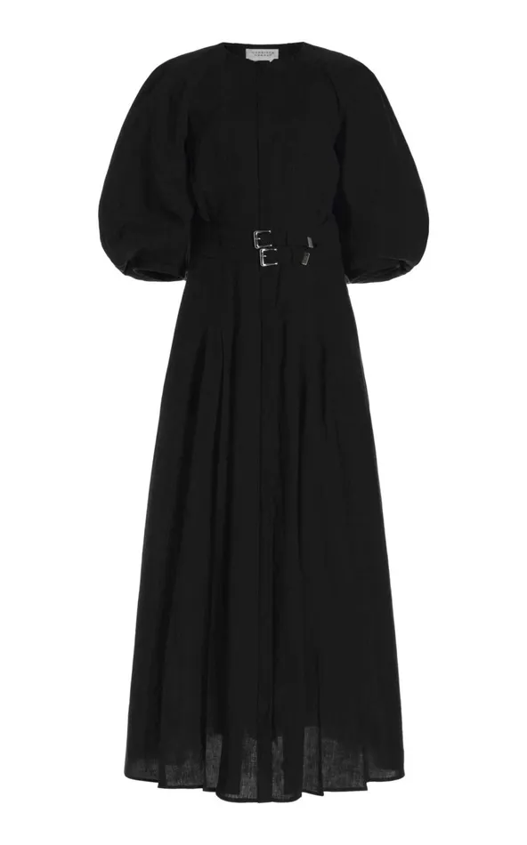 Women Dresses Gabriela Hearst Elea Pleated Dress In Black Aloe Linen