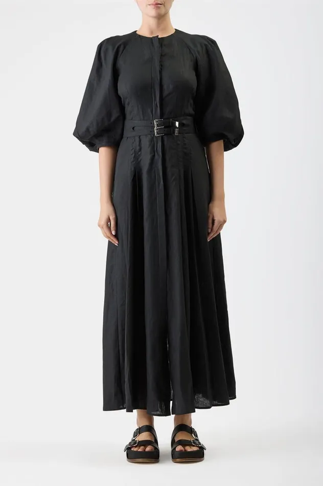 Women Dresses Gabriela Hearst Elea Pleated Dress In Black Aloe Linen