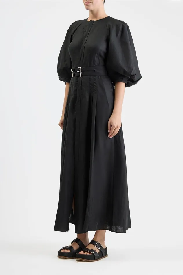 Women Dresses Gabriela Hearst Elea Pleated Dress In Black Aloe Linen