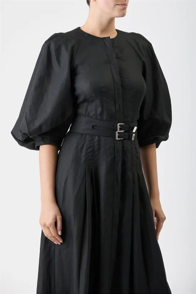 Women Dresses Gabriela Hearst Elea Pleated Dress In Black Aloe Linen