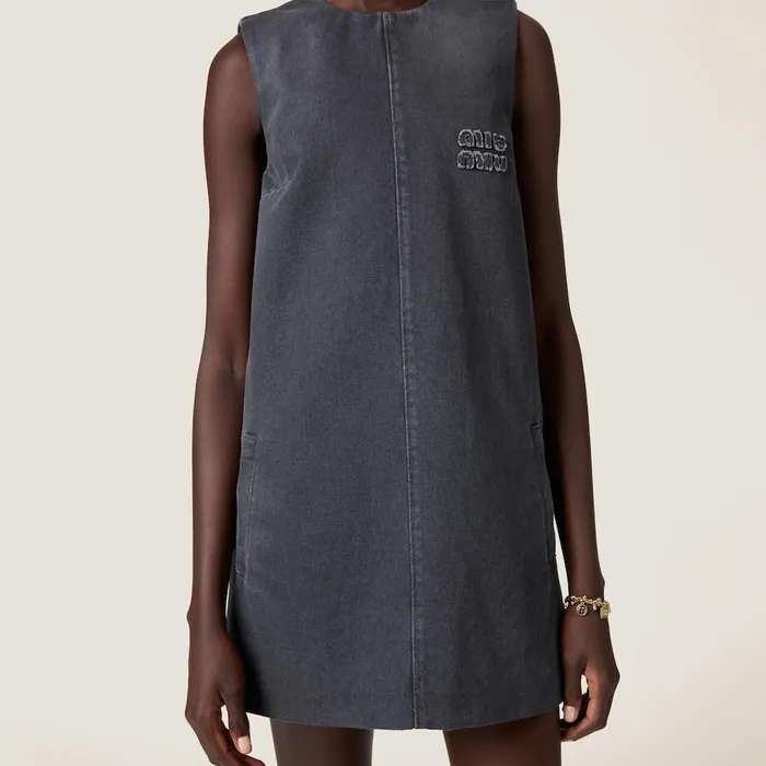 Women Dresses Miu Miu Drill Minidress Grey Women Dresses Miu Miu Drill Minidress Grey
