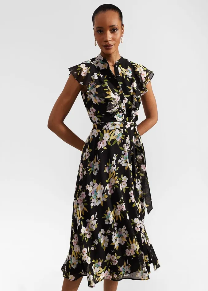 Women Erica Belted Midi Dress Black Multi Hobbs Dresses and Jumpsuits