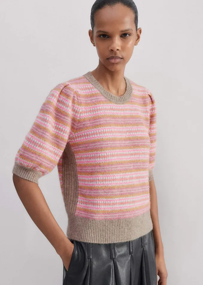 Women Fair Isle Jacquard Pouf Sleeve Tee Perfect Pinkmulti MEEM