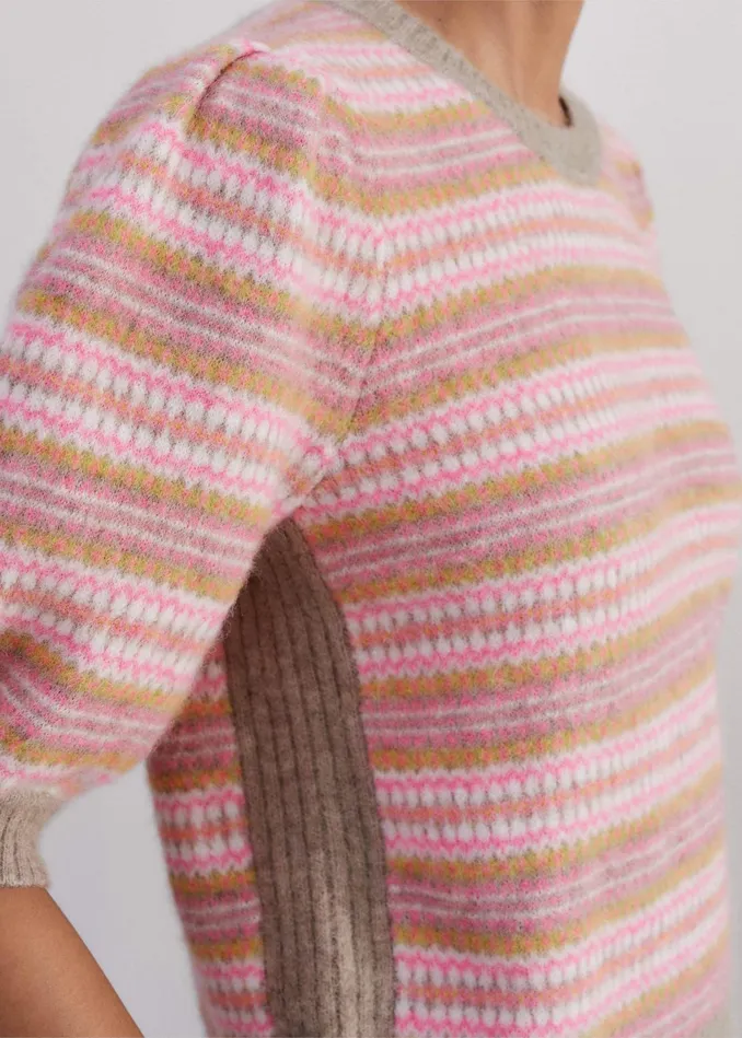 Women Fair Isle Jacquard Pouf Sleeve Tee Perfect Pinkmulti MEEM