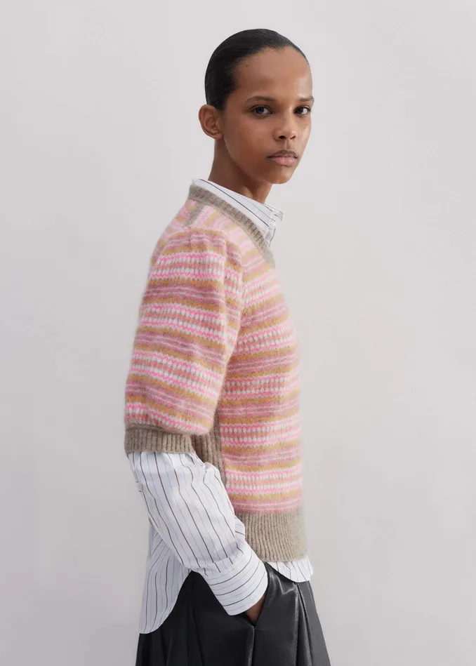 Women Fair Isle Jacquard Pouf Sleeve Tee Perfect Pinkmulti MEEM
