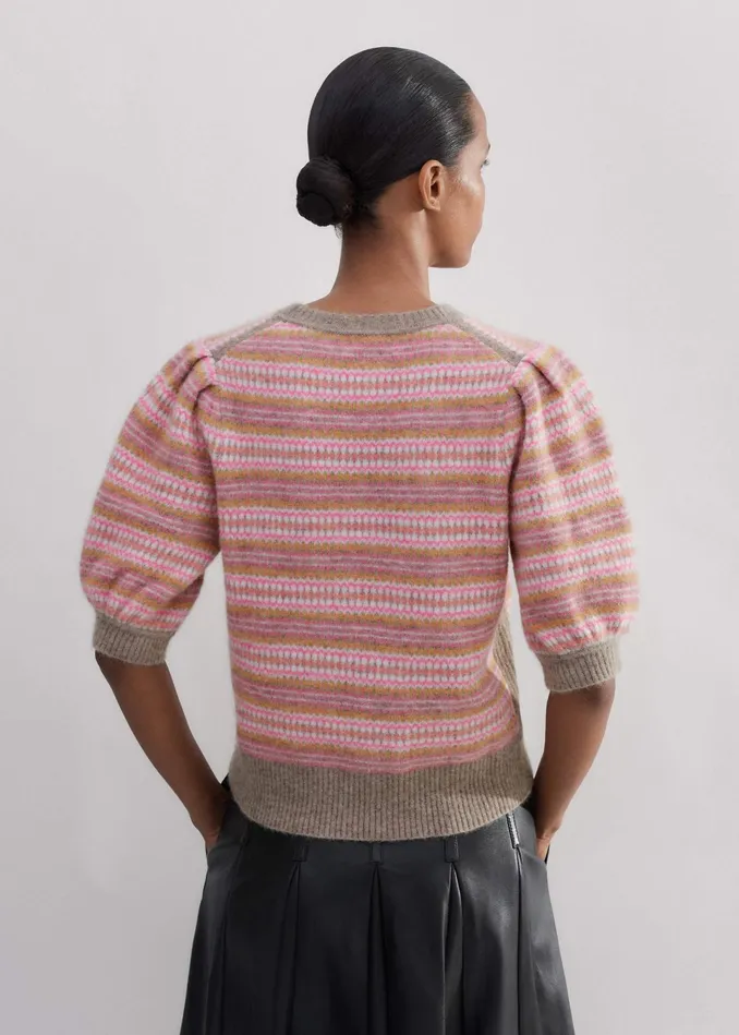 Women Fair Isle Jacquard Pouf Sleeve Tee Perfect Pinkmulti MEEM