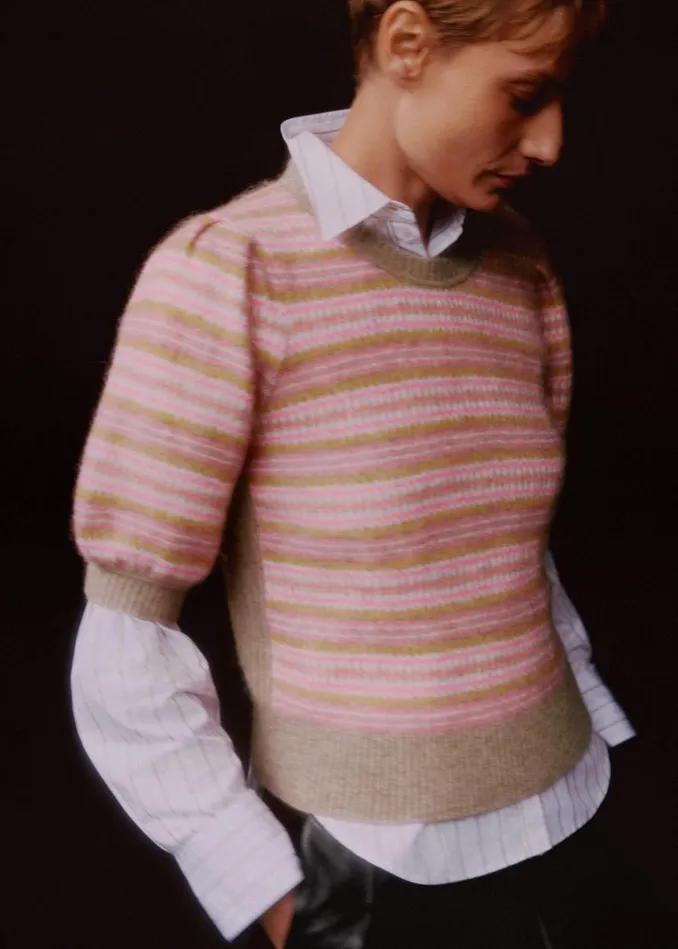 Women Fair Isle Jacquard Pouf Sleeve Tee Perfect Pinkmulti MEEM