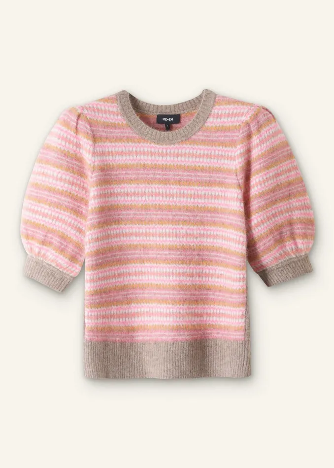 Women Fair Isle Jacquard Pouf Sleeve Tee Perfect Pinkmulti MEEM