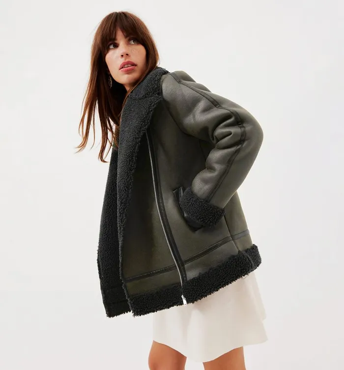Women Faux Sheepskin Jacket 8211 Khaki Promod Coats