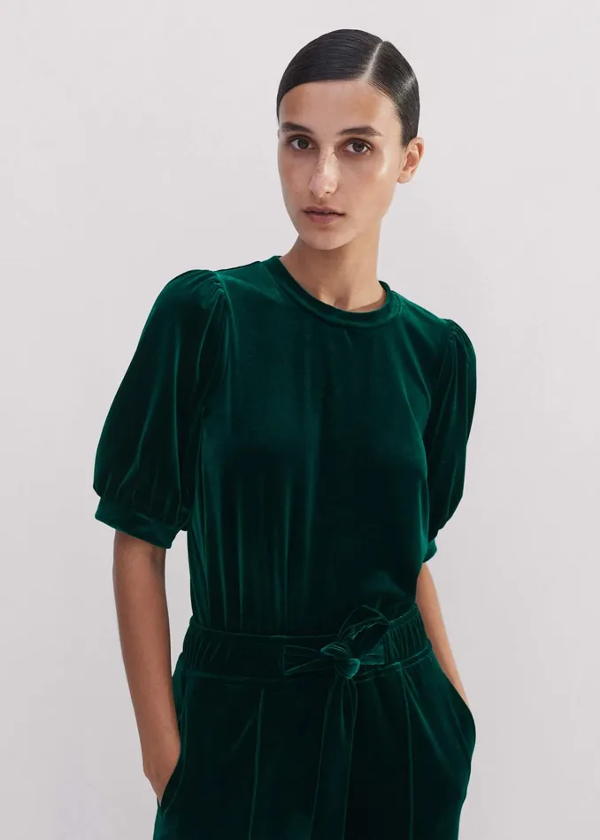 Women Fluid Velour Pouf Sleeve Top Gable Green MEEM