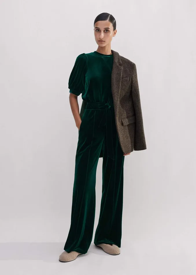 Women Fluid Velour Pouf Sleeve Top Gable Green MEEM