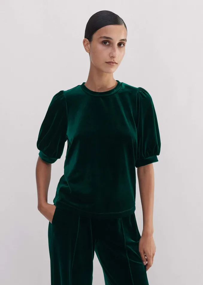 Women Fluid Velour Pouf Sleeve Top Gable Green MEEM