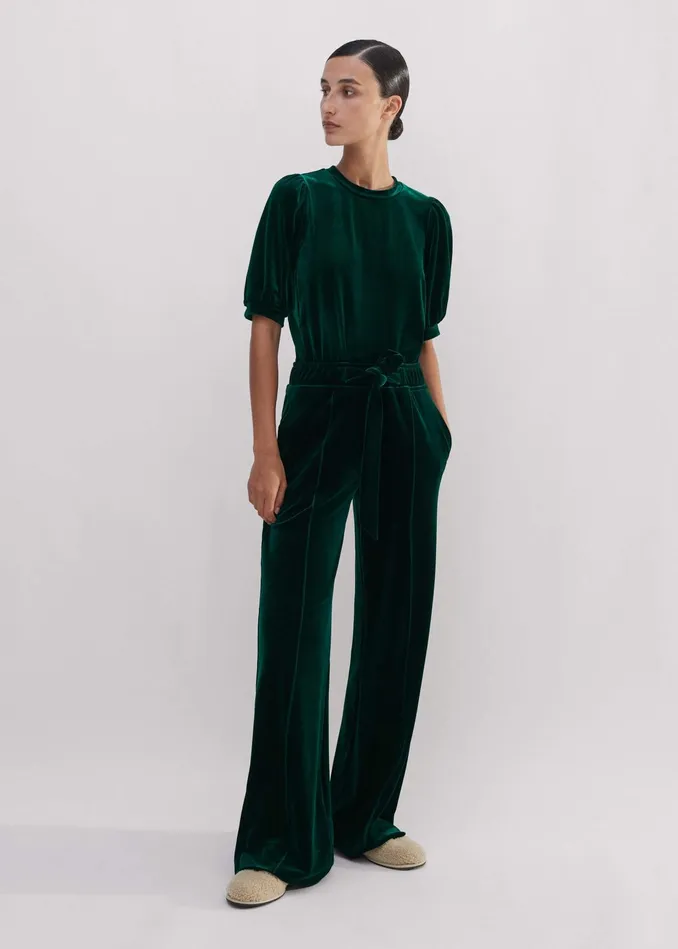 Women Fluid Velour Pouf Sleeve Top Gable Green MEEM