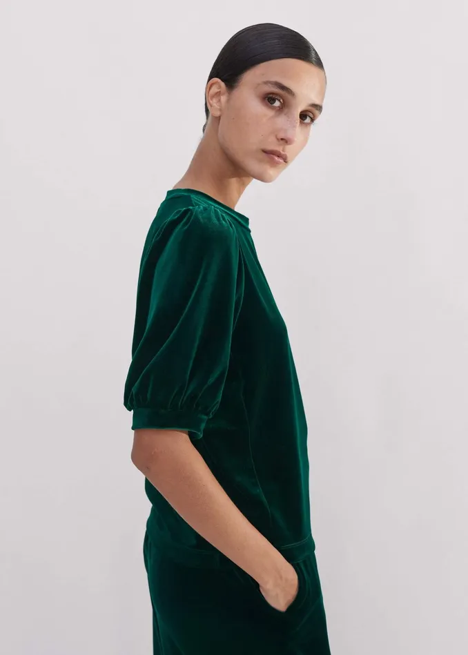 Women Fluid Velour Pouf Sleeve Top Gable Green MEEM