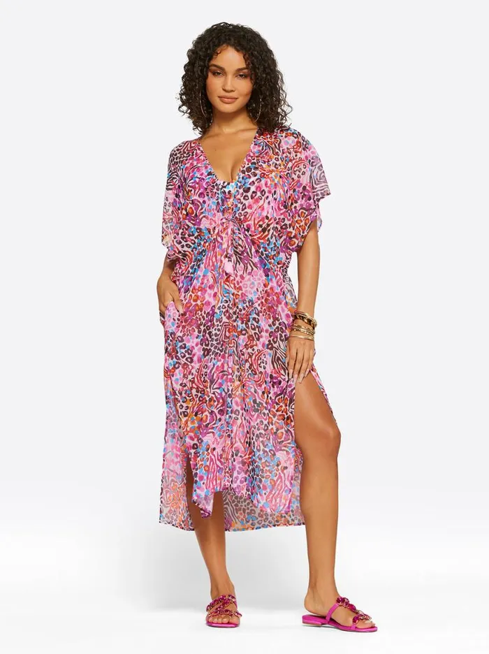 Women French Exit Long Swim Cover Up In Pink Multi Jessica Simpson Swim