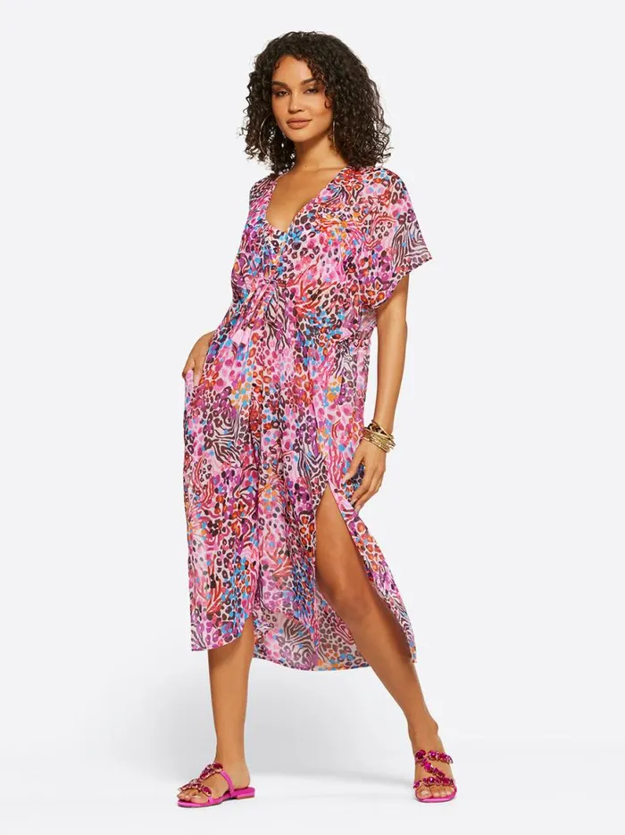 Women French Exit Long Swim Cover Up In Pink Multi Jessica Simpson Swim