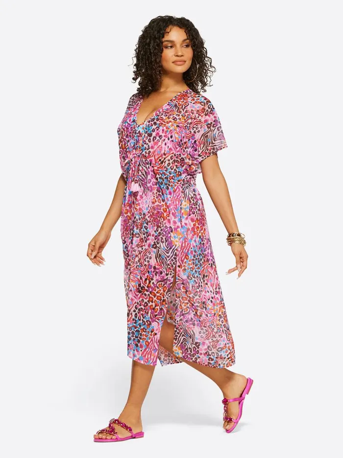 Women French Exit Long Swim Cover Up In Pink Multi Jessica Simpson Swim