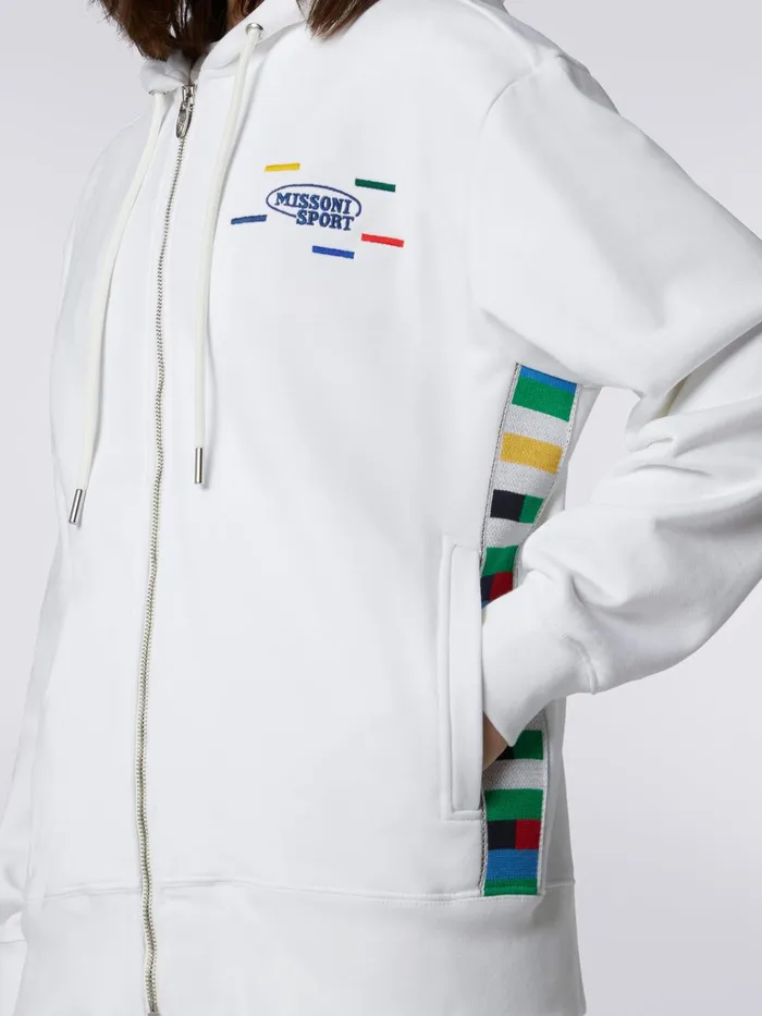 Women FullZip Hooded Sweatshirt With Knitted Bands White and Multicoloured Heritage Missoni Sport