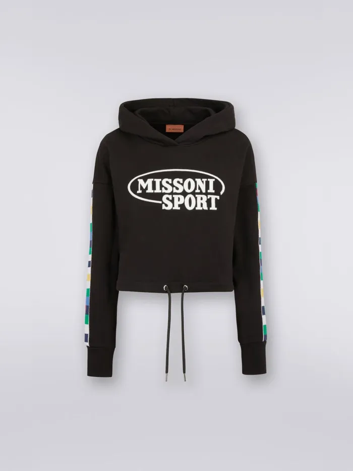 Women Hooded Cotton Sweatshirt With Legacy Logo Knit Bands Black and Multicoloured Missoni Sport