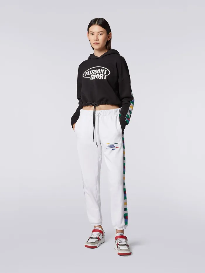 Women Hooded Cotton Sweatshirt With Legacy Logo Knit Bands Black and Multicoloured Missoni Sport
