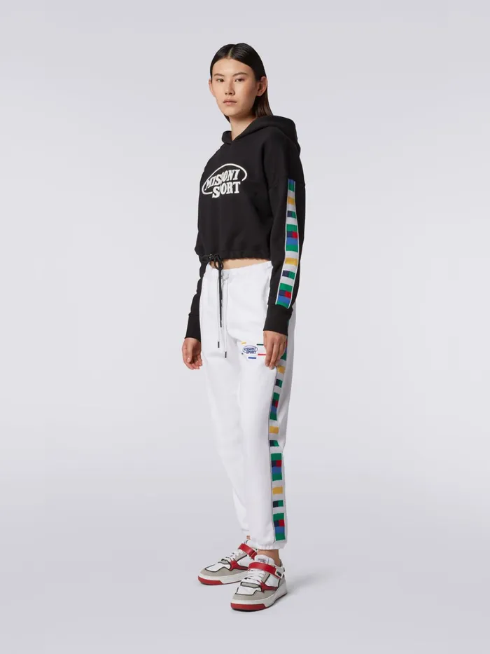 Women Hooded Cotton Sweatshirt With Legacy Logo Knit Bands Black and Multicoloured Missoni Sport