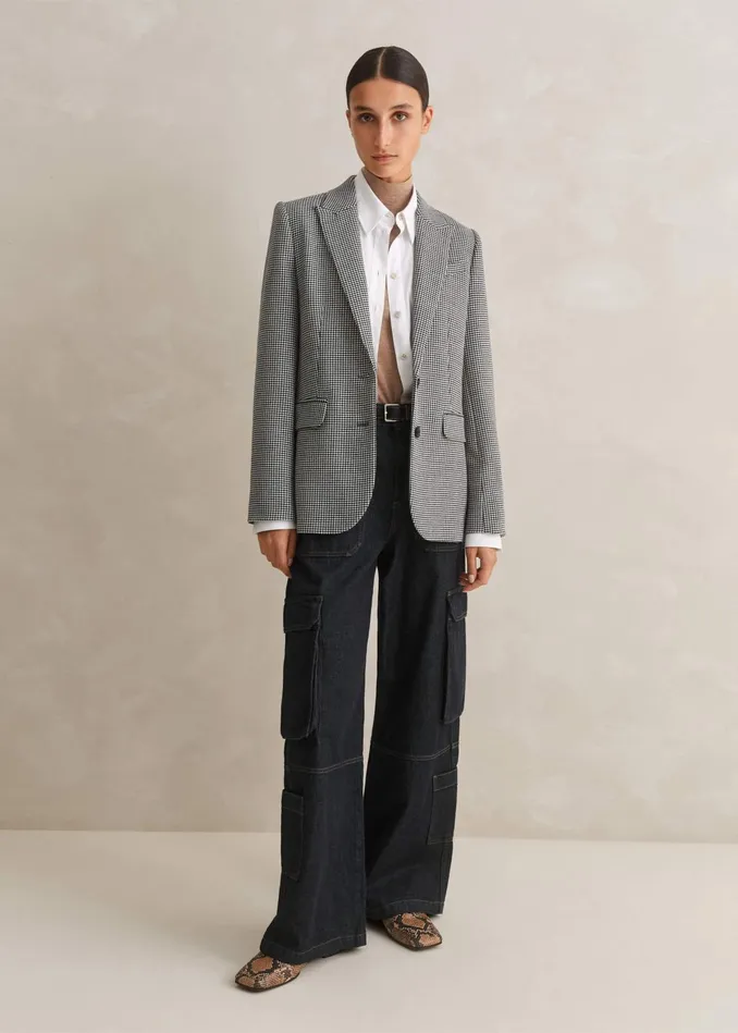 Women Houndstooth SingleBreasted Blazer Blackwhite MEEM