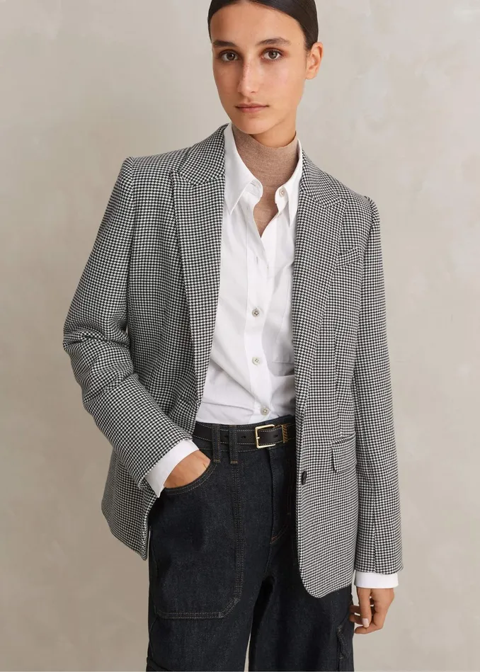 Women Houndstooth SingleBreasted Blazer Blackwhite MEEM