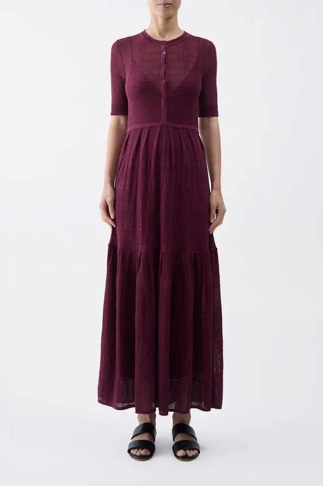 Women Knitwear Gabriela Hearst Iris Pointelle Knit Pleated Dress With Slip In Bordeaux Cotton Silk