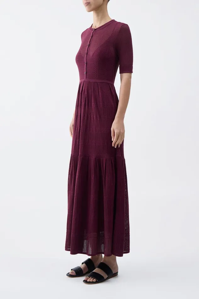 Women Knitwear Gabriela Hearst Iris Pointelle Knit Pleated Dress With Slip In Bordeaux Cotton Silk