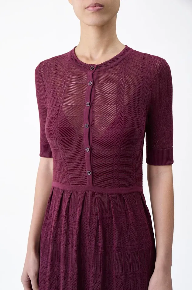 Women Knitwear Gabriela Hearst Iris Pointelle Knit Pleated Dress With Slip In Bordeaux Cotton Silk