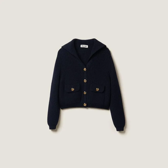 Women Knitwear Miu Miu Wool Knit Cardigan Navy