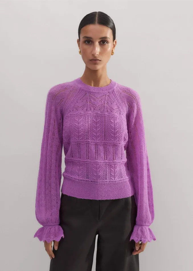Women Lace Stitch Blouson Sleeve Sweater Winter Iris MEEM