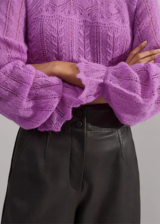 Women Lace Stitch Blouson Sleeve Sweater Winter Iris MEEM