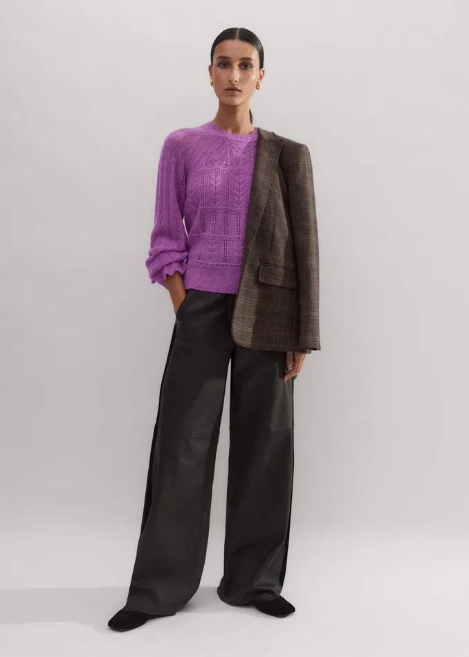 Women Lace Stitch Blouson Sleeve Sweater Winter Iris MEEM
