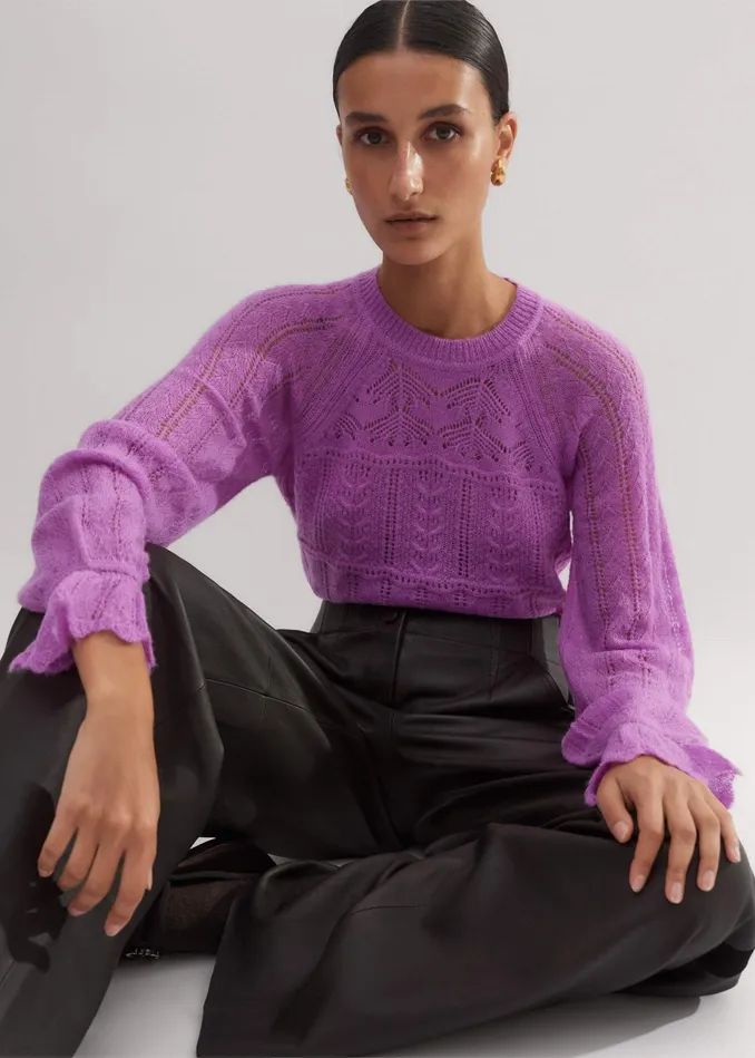 Women Lace Stitch Blouson Sleeve Sweater Winter Iris MEEM