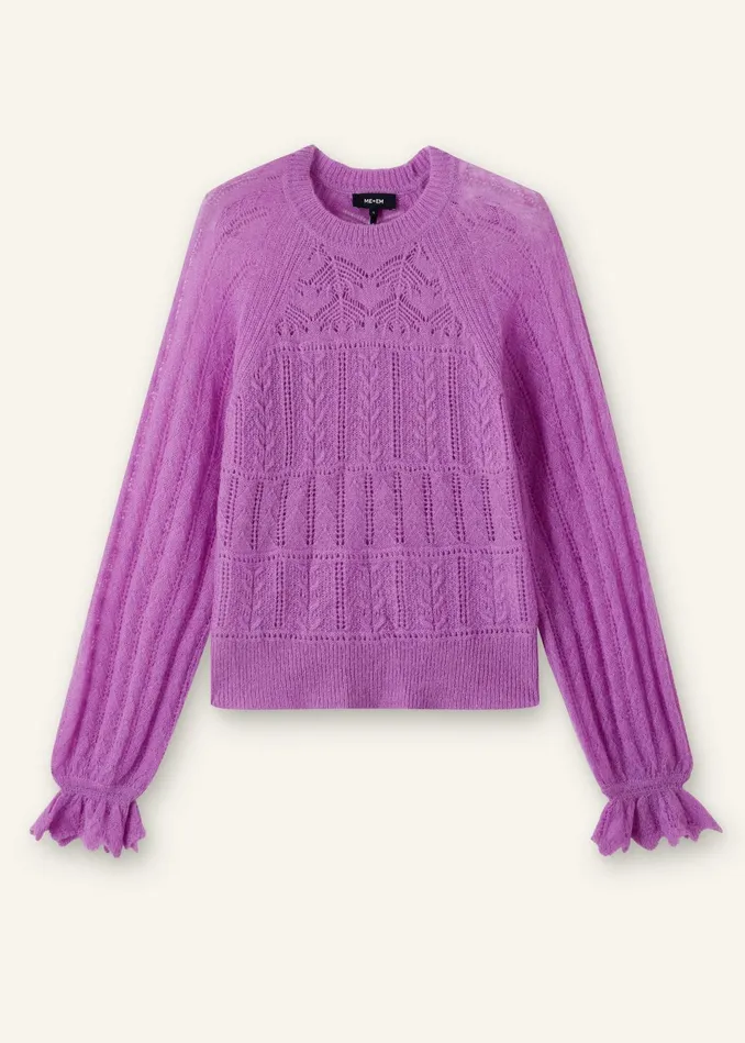 Women Lace Stitch Blouson Sleeve Sweater Winter Iris MEEM