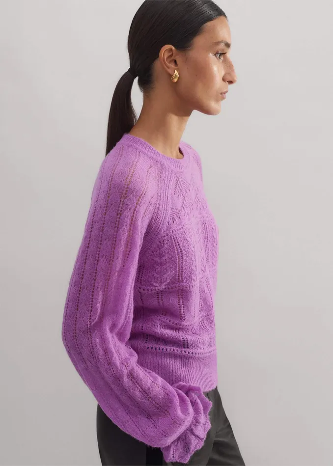 Women Lace Stitch Blouson Sleeve Sweater Winter Iris MEEM