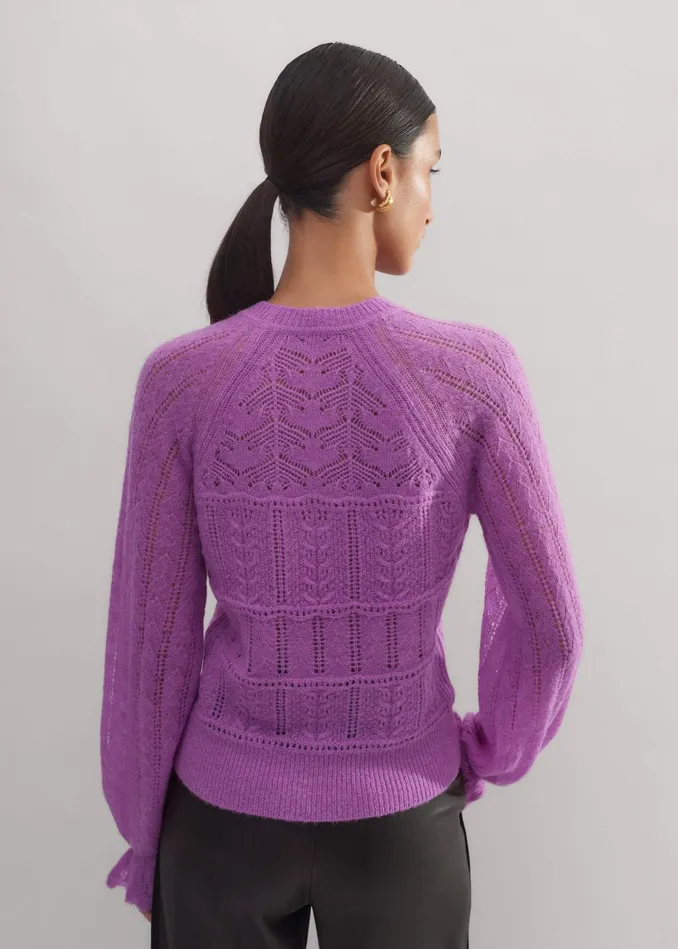 Women Lace Stitch Blouson Sleeve Sweater Winter Iris MEEM