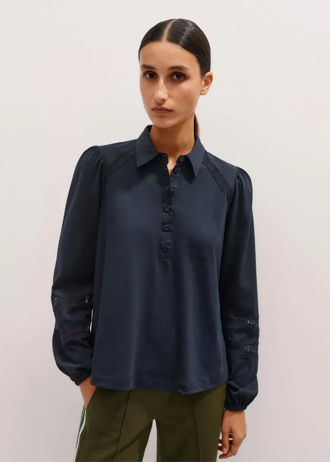 Women Lace Trim Swing Top Navy MEEM