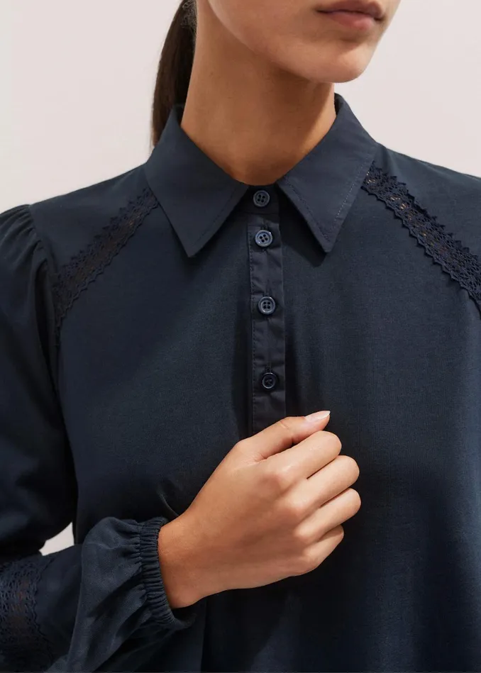 Women Lace Trim Swing Top Navy MEEM