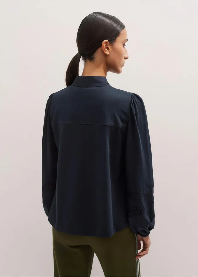 Women Lace Trim Swing Top Navy MEEM