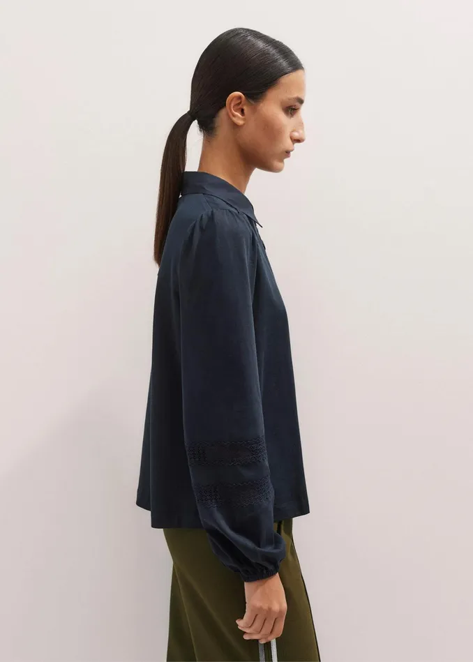 Women Lace Trim Swing Top Navy MEEM